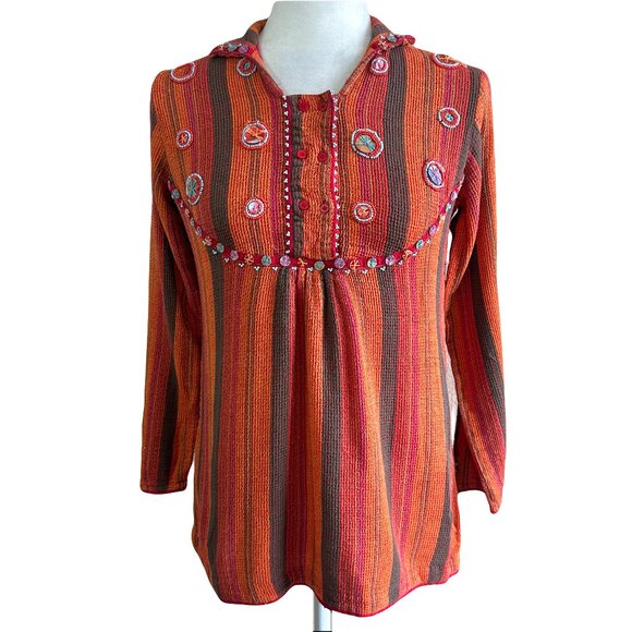 Generation Y2K Orange Woven Hippie Boho Embellished Blouse - Picture 1 of 7